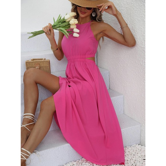 Dresses & Skirts - Halter Neck Cut Out Back backless midi Dress boho hot pink